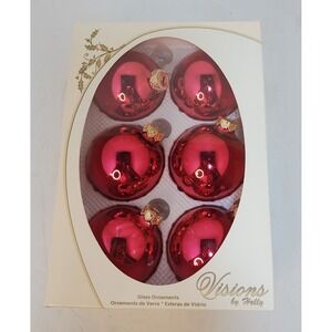VTG Visions by Holly Red‎ Glass Christmas Ball Ornaments Set of 6 Shiny Baubles